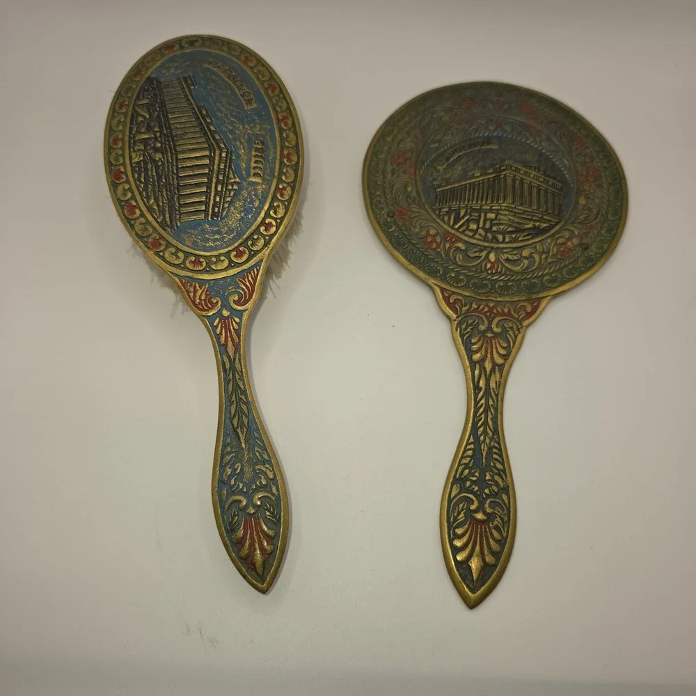 Vintage Brass Parthenon Greece Hand Mirror and Hair Brush Vanity Set Ornate
